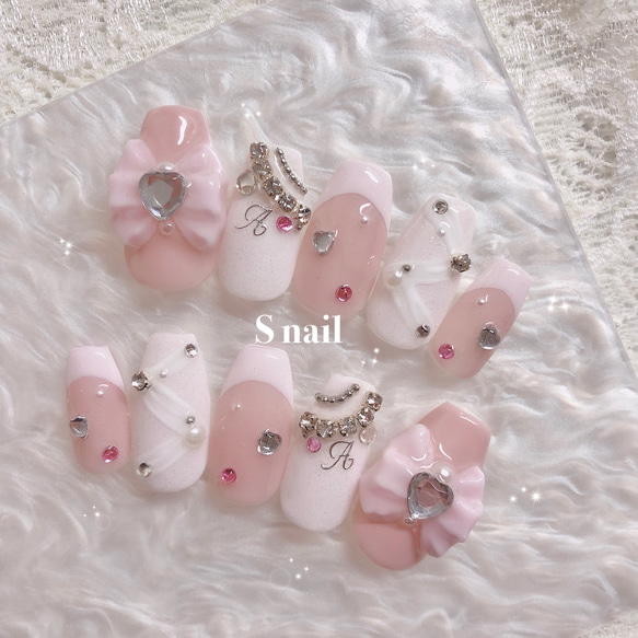 ネイルチップ ピンク リボン ストーン ガーリー リボン フレンチネイル