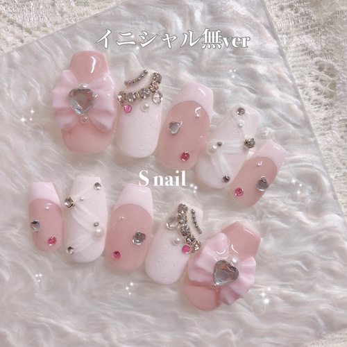 ネイルチップ ピンク リボン ストーン ガーリー リボン フレンチネイル