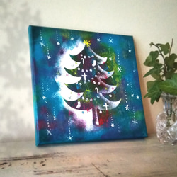 【原画】クリスマスツリー青　絵画　キャンバスアート　20cm角　 2枚目の画像