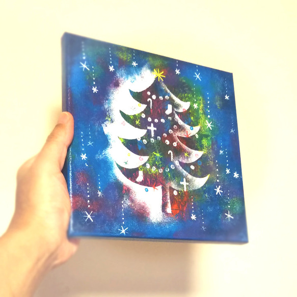 【原画】クリスマスツリー青　絵画　キャンバスアート　20cm角　 5枚目の画像