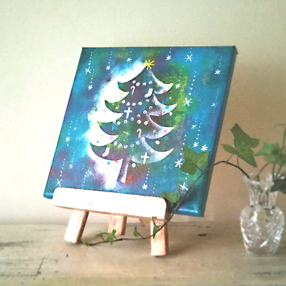 【原画】クリスマスツリー青　絵画　キャンバスアート　20cm角　 4枚目の画像