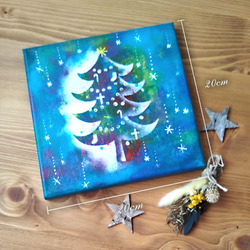 【原画】クリスマスツリー青　絵画　キャンバスアート　20cm角　 6枚目の画像