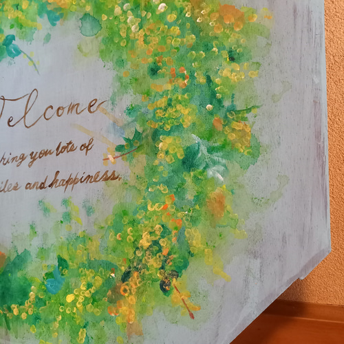 油絵 絵画 【ミモザリース】 水彩原画＊ミモザとうさぎのリース 絵画 hotaru yoshinaga 通販