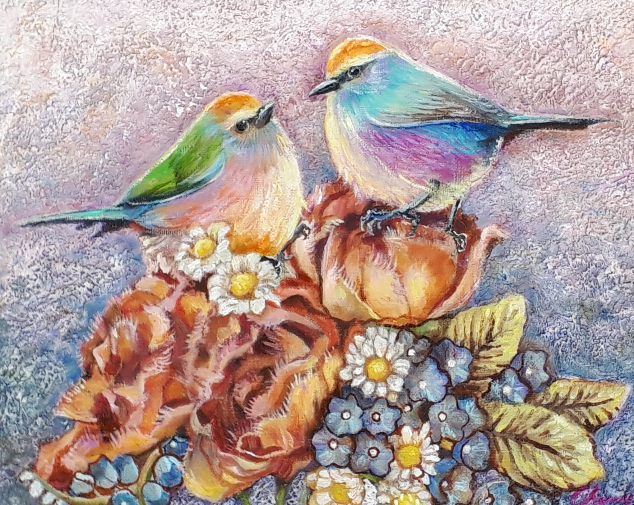 【一点物】『　水色のブーケ　』油絵 F3号　油彩　油画　絵画　インテリアアート 一点物】『 水色のブーケ 』油絵 F3号 油彩 油画 絵画