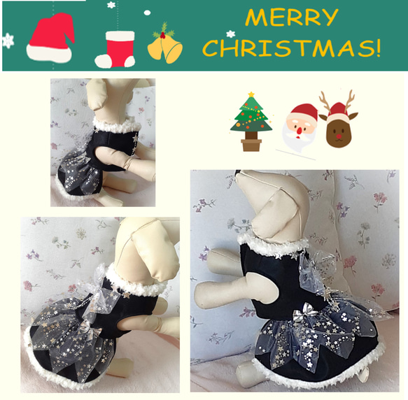 クリスマス・ワンピース黒／シルバー　小型犬 猫ちゃん用　送料無料　xbs01 5枚目の画像