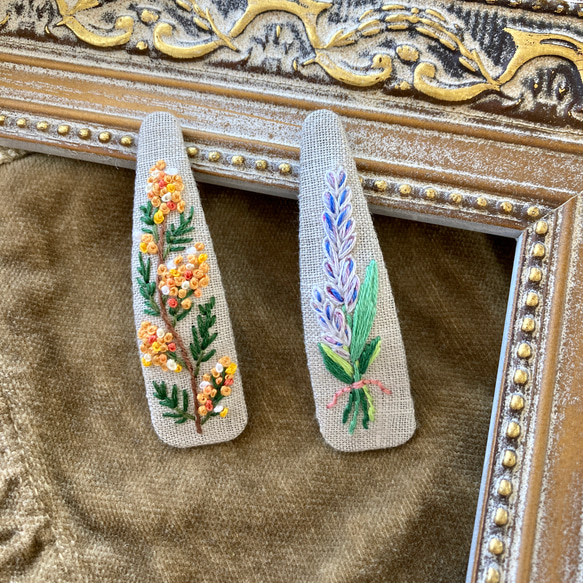 手刺繍ヘアピン ラベンダー　lavender　ぱっちんどめ 7枚目の画像