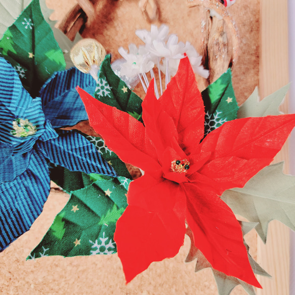 真っ赤と青いポインセチア 1点もののクリスマスリース　布の花　 12枚目の画像