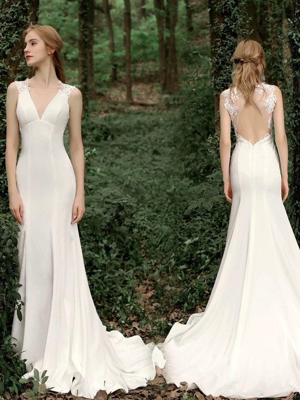 フィッシュテールウエディングドレス Vネック 二次会 フォト ドレス  