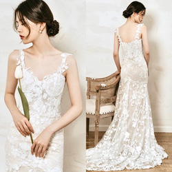 高級チュールレース ロングトレーン ウエディングドレス｜ハイネック