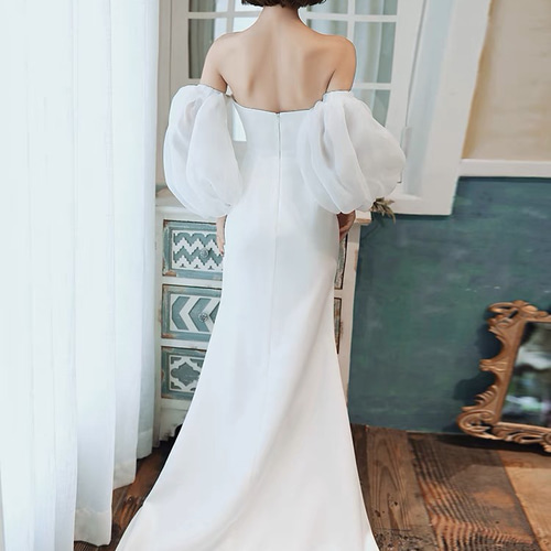 ボリューム袖 オフショルダー ウエディングドレス 二次会 フォト  