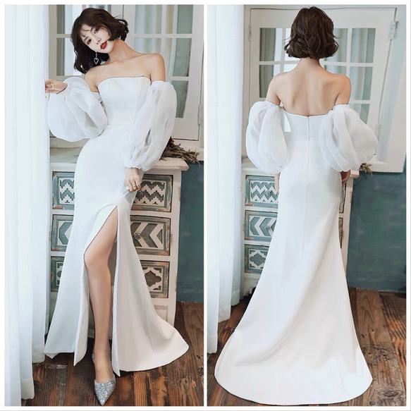 ボリューム袖 オフショルダー ウエディングドレス 二次会 フォト  