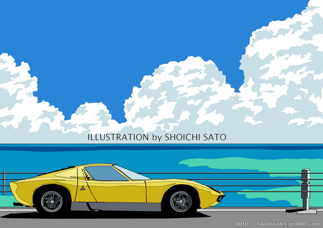 版画作品 湘南イラスト「海風を追いかけて2」（湘南の海岸線を走る