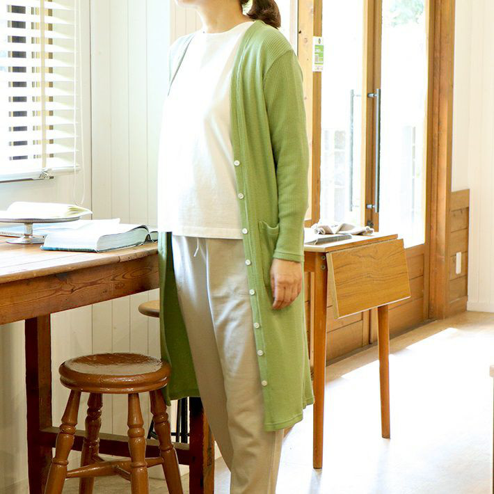 コットンテレコ　グリーン　Vネック　ロングカーディガン