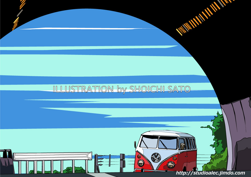 版画作品　湘南イラスト 「トンネルを抜けて２」（材木座のトンネルを抜けるワーゲンバス）