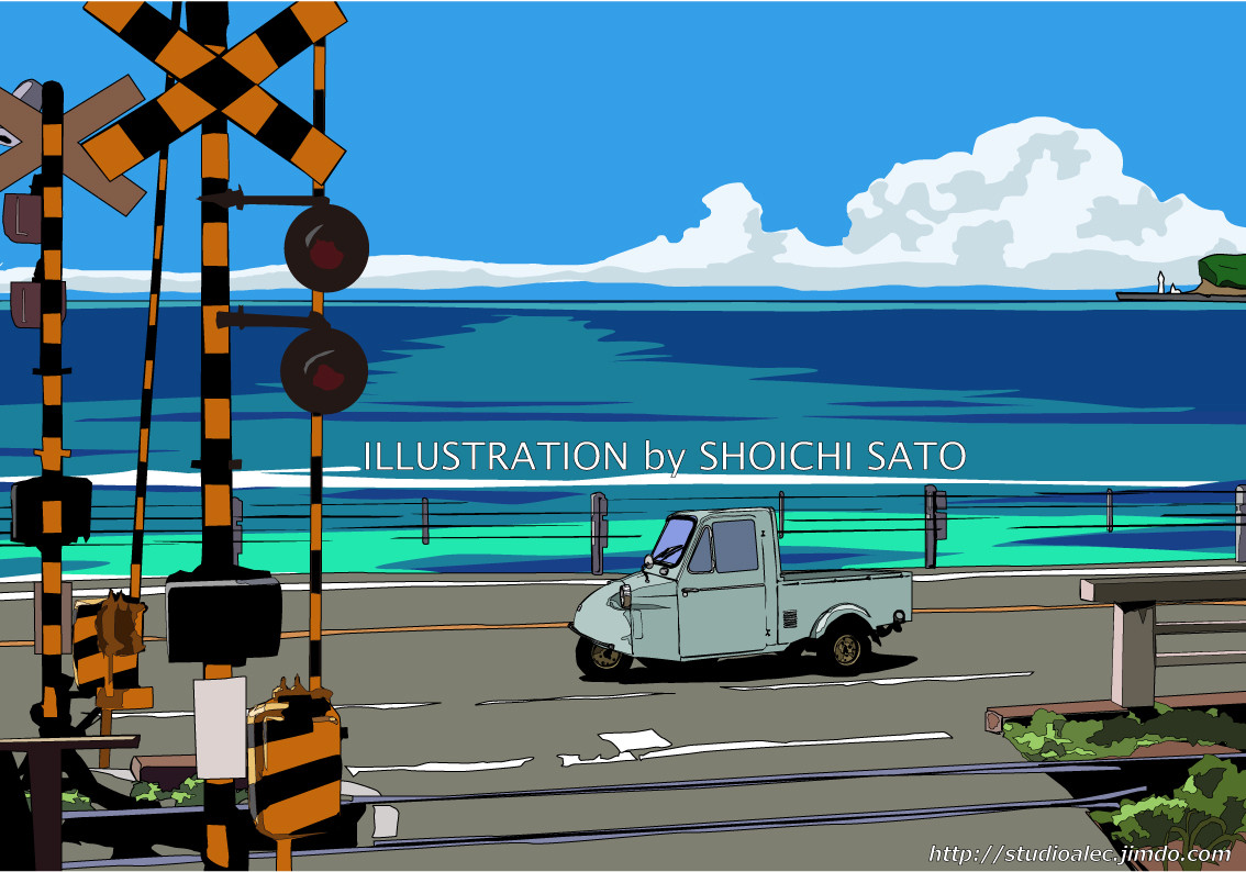 版画作品 湘南イラスト「変わらぬままに」 （湘南の海岸線を走る