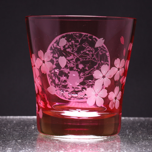 夜桜と満月のロックグラス ピンク色の桜のグラス グラス enSo-glass
