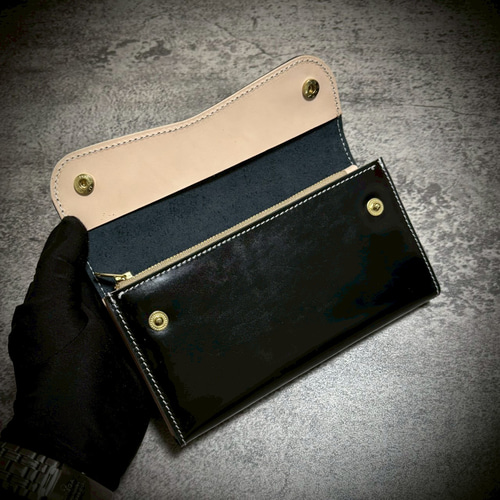 経年変化を楽しむ フラップ式 長財布 総手縫い 財布 フルレザー 大容量