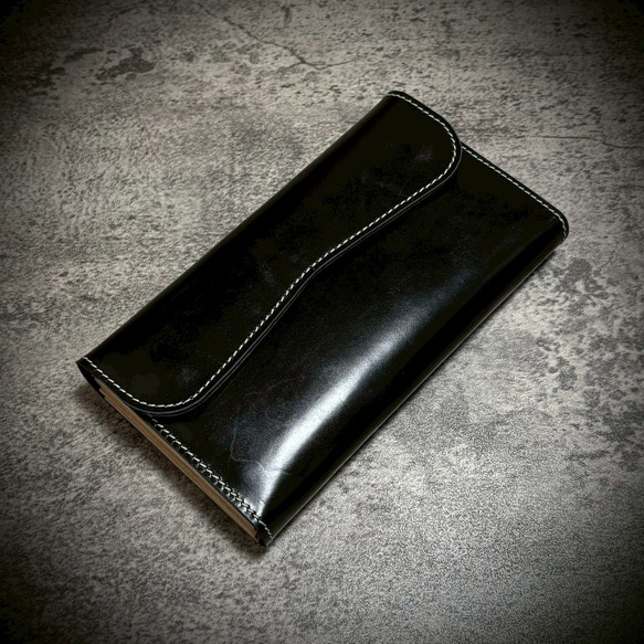 レザー製 黒 長財布 フラップ式 経年変化を楽しむ フラップ式 長財布 総手縫い 財布 フルレザー 大容量