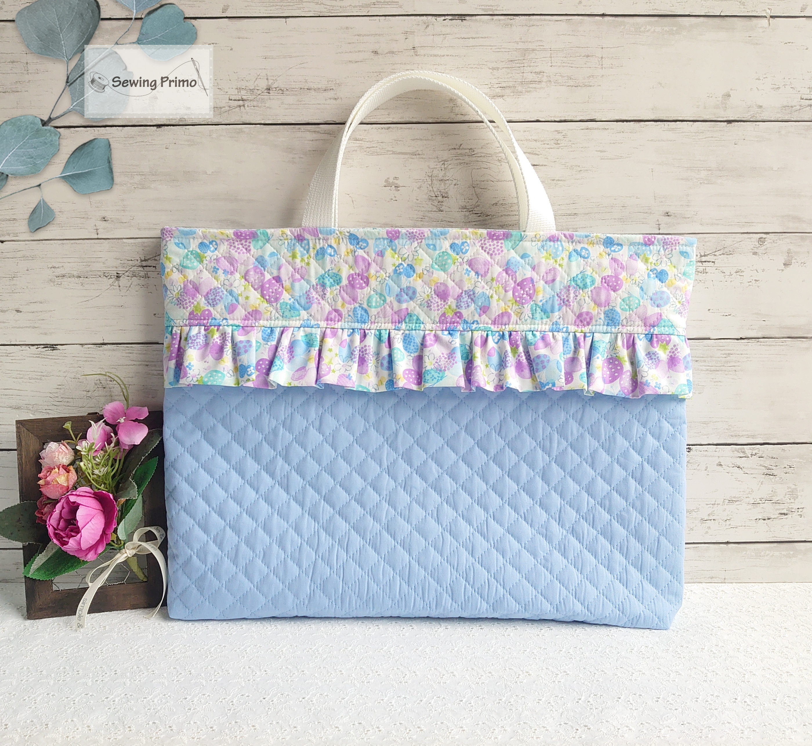 ちょっち♡プロフ確認して下さい！ねこ花柄フリルレッスンバッグアイスブルー