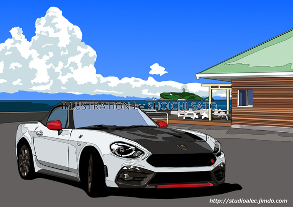 版画作品　湘南イラスト「セブンマイルズパーク４」　（七里ヶ浜パーキングのアバルト124スパイダー） フレーム これは