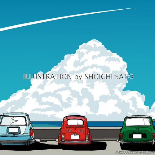 版画作品 湘南イラスト「Clear blue」（海岸線を見つめるミニクーパー