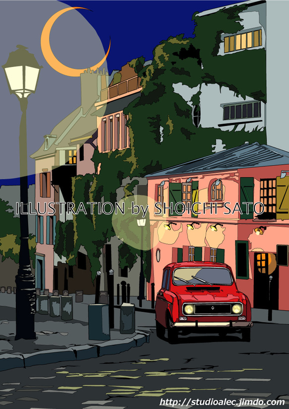 版画作品 「French night」（月夜の街中を走るルノー4のイラスト