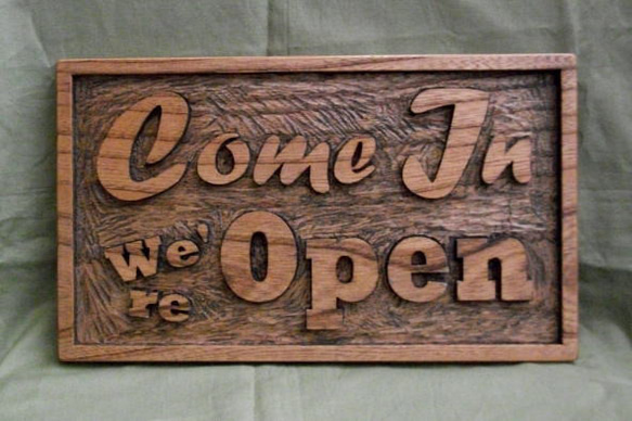 木製　看板「Come In We're Open」 ケヤキ　無垢板 4枚目の画像