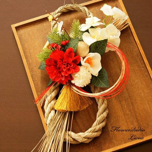 しめ縄★ 椿③ダリア　お正月飾り　しめ飾り　しめ縄リース　紅白 しめ縄☆ 椿③ダリアお正月飾りしめ飾りしめ縄リース紅白