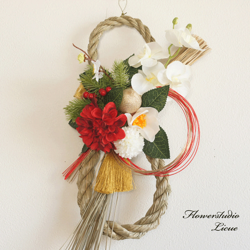 しめ縄★ 椿③ダリア　お正月飾り　しめ飾り　しめ縄リース　紅白 お正月 しめ縄 しめ飾り ダリア と 椿 紅白 鶴 しめ縄・しめ飾り Harry