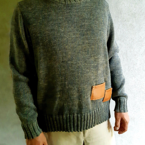 草木染 肘当て リネンセーター ユニセックス ニット・セーター