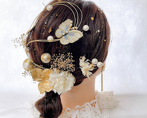 髪飾り 成人式 和装結婚式 百合ゴールド 蝶々 パール ヘッドドレス ヘアアクセサリー かんざし AtelierCitron.髪飾り専門店  通販｜Creema(クリーマ) 16955520