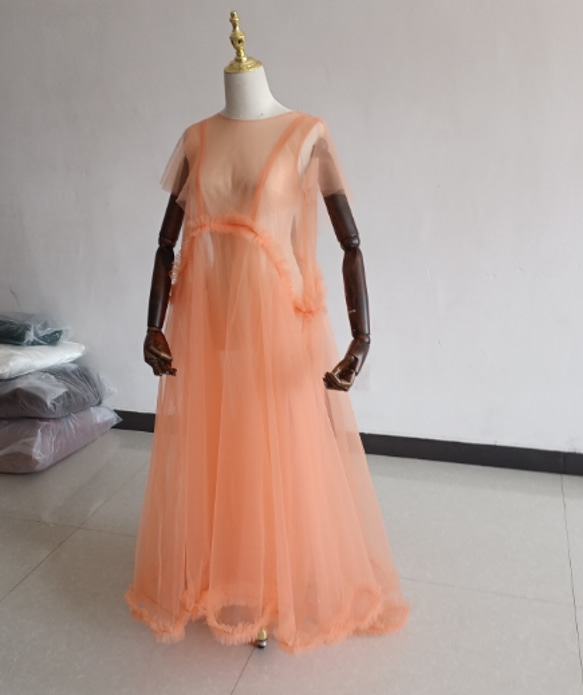 高品質！ 妊婦ドレス マタニティ 写真撮影 オレンジ シースルー  