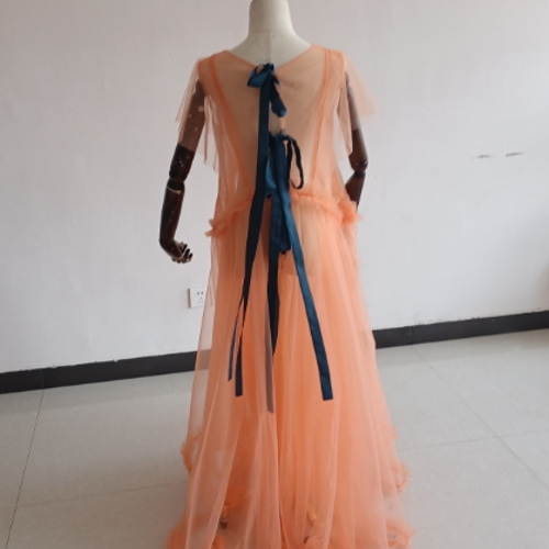 高品質！ 妊婦ドレス マタニティ 写真撮影 オレンジ シースルー  