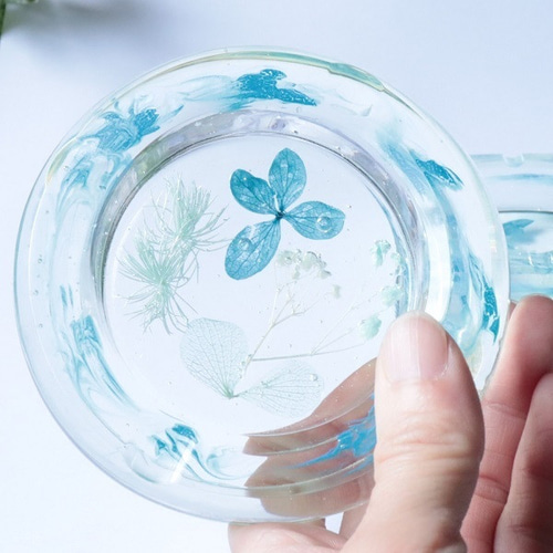 灰皿 ブルー 花 フラワー 押し花 ドライフラワー 丸 四角 サークル 