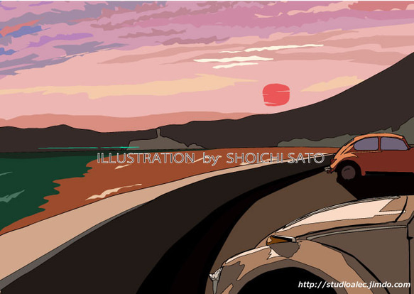 版画作品　湘南イラスト「落陽の空景色」 フレーム これは