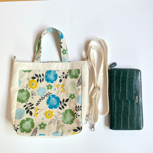 大きめポケット鮮やかな花柄スクエアショルダーバッグ/水彩ブルー