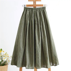 グリーン 大人可愛い 裏地付き 春夏のギャザースカート ロングスカート 1枚目の画像