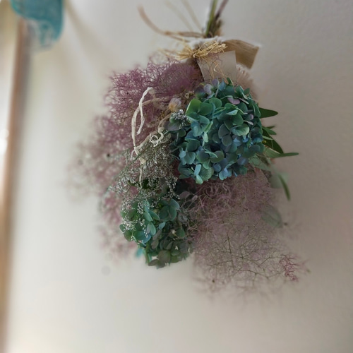 ももさく＆秋色紫陽花と白系ブルー系紫系小花リース＆スワッグセット スワッグ 完成品 アネモネ 造花 紫陽花 水色 キット 人気 壁飾り