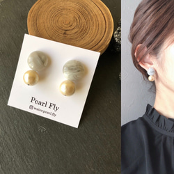 グレー×キスカハニーコットンパール　＊サージカルステンレスピアス　樹脂/チタン/k14gf/イエロー/黄色 1枚目の画像