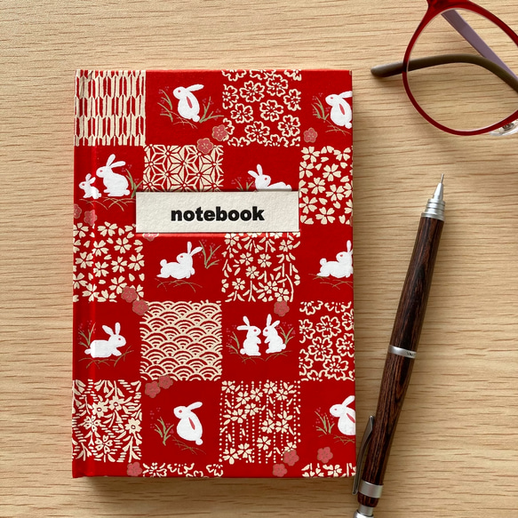 手製本ノートA6サイズ✴︎うさぎ赤／友禅和紙 ノート 紙創庵 通販