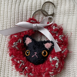 【あみぐるみ】クリスマス　飾り　リース　キーホルダー　黒猫　赤【179】 10枚目の画像