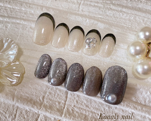 オーダー制】黒フレンチマグネットネイル ネイルチップ ネイル