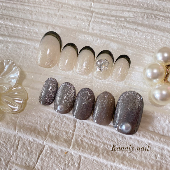 オーダー制】黒フレンチマグネットネイル ネイルチップ ネイルチップ  