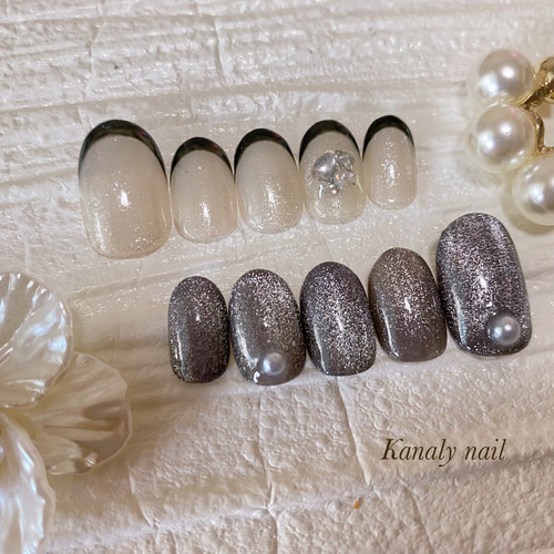 オーダー制】黒フレンチマグネットネイル ネイルチップ ネイルチップ