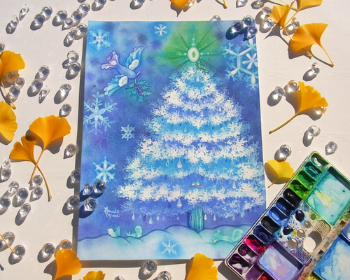 水彩画原画】雪色クリスマスツリー タペストリー・壁掛け てじまともこ
