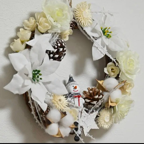 handmade】クリスマスリース 雪だるまフラワーリース/ホワイト リース