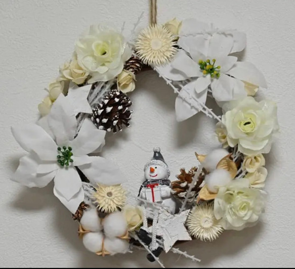 handmade】クリスマスリース 雪だるまフラワーリース/ホワイト リース