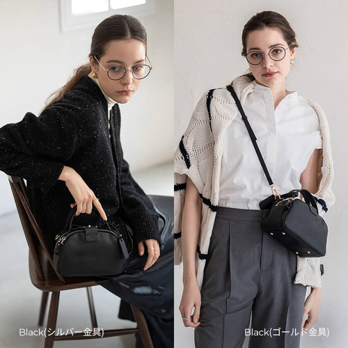 2way 本革 ショルダーバッグ 小さめ 軽量 底鋲 ゴールド金具 ブラック