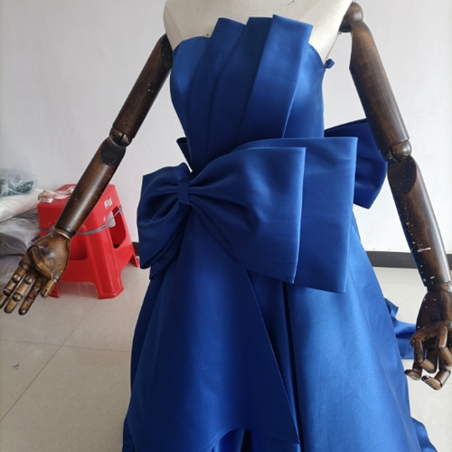 クラシカル 青/ブルー光沢サテンベアトップリボントレーン/ロング  