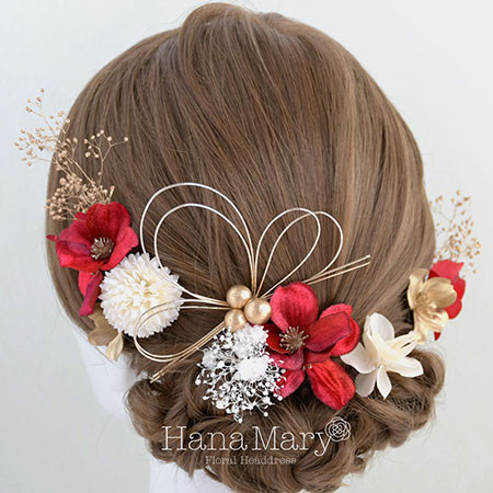 七五三　ドライフラワー　ドライ　水引き　卒業式　成人式 髪飾り 和玉　ゴールド　水引アレンジ　水引きアレンジ　赤ゴールド